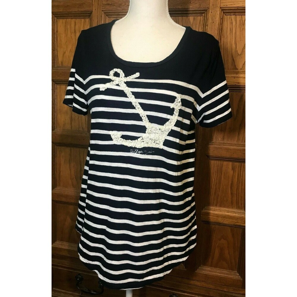 Tommy Hilfiger Women's Medium Nautical Striped Anchor Embellished Knit Top SS